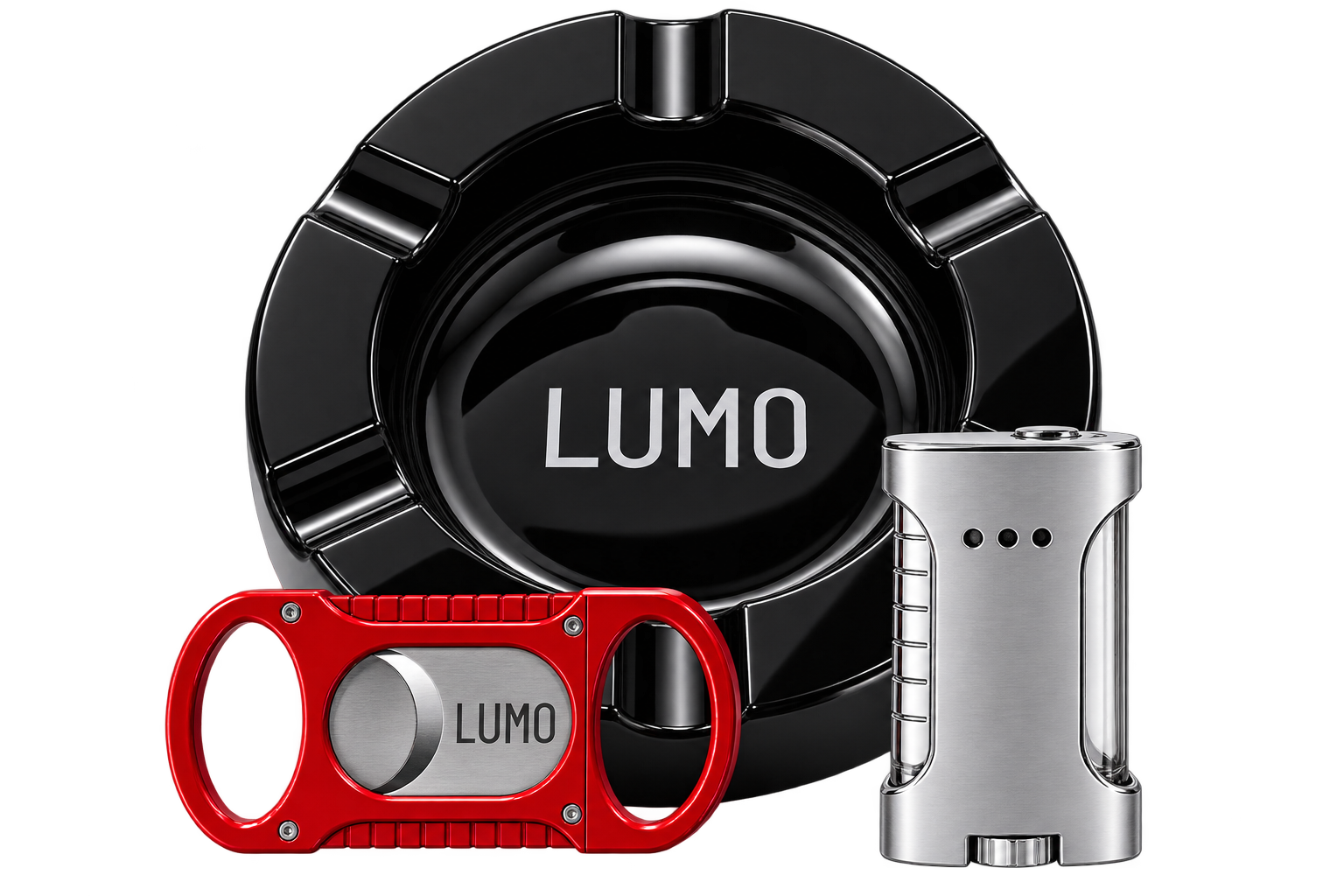 The LUMO set: cutter, triple-flame lighter and ashtray photographed together