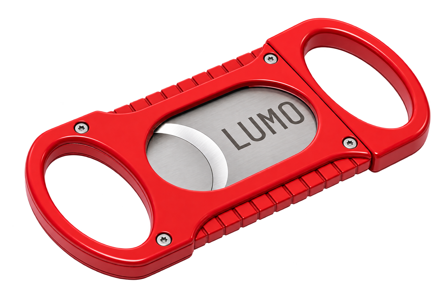 LUMO double guillotine cigar cutter in red, shown open with twin blades