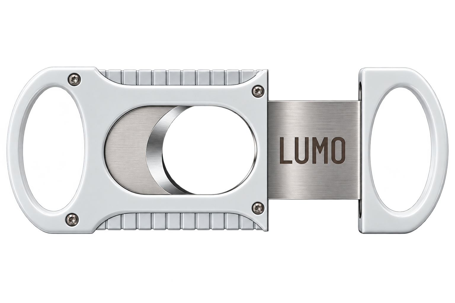 LUMO double guillotine cigar cutter in white, shown open with twin blades