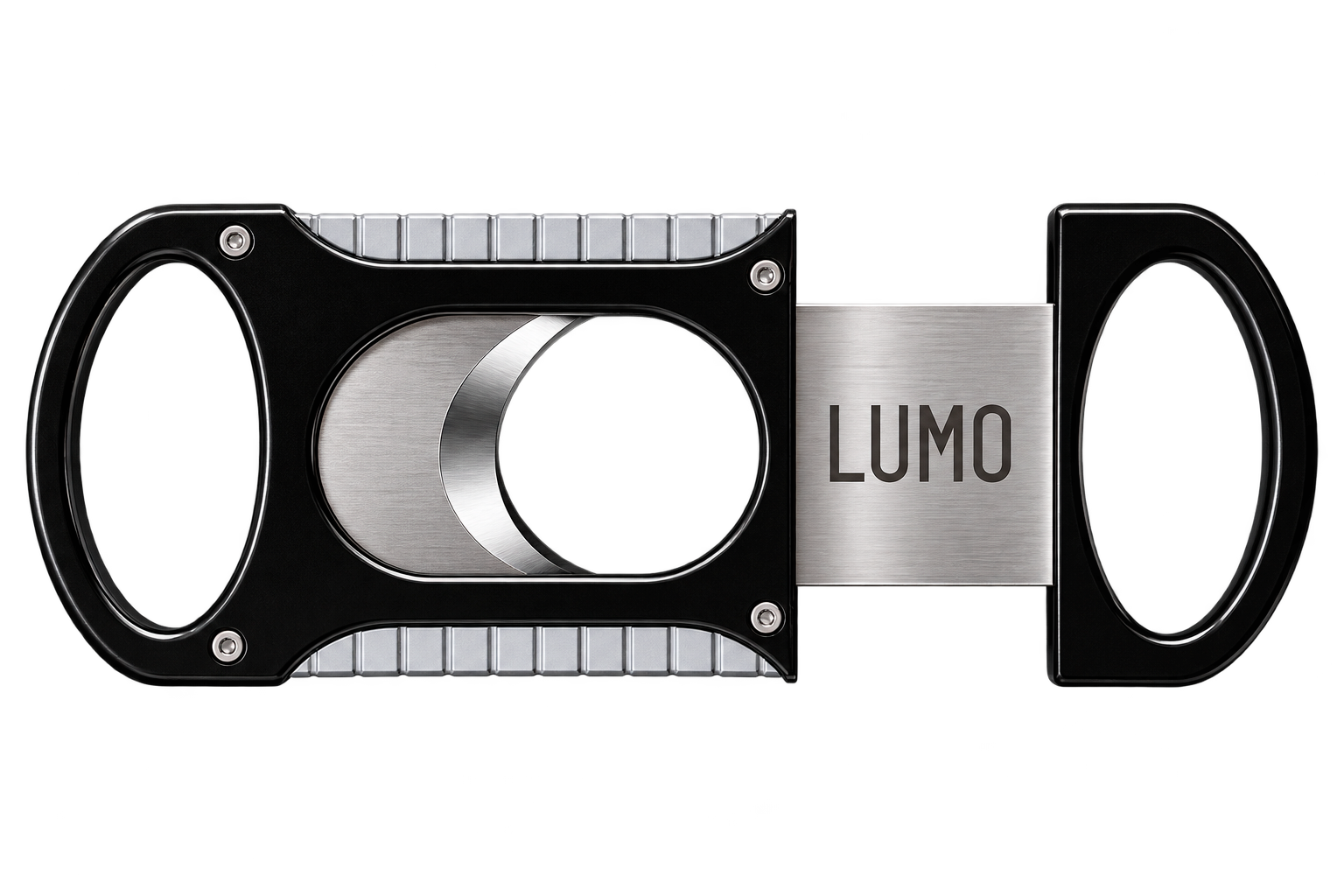 LUMO double guillotine cigar cutter in black, shown open with twin blades