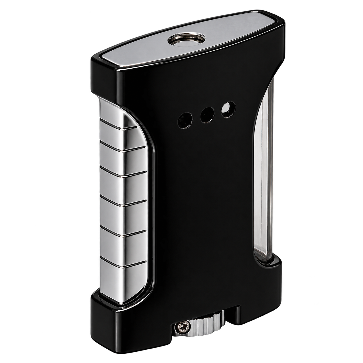 LUMO triple-flame cigar lighter in black with knurled steel grip column